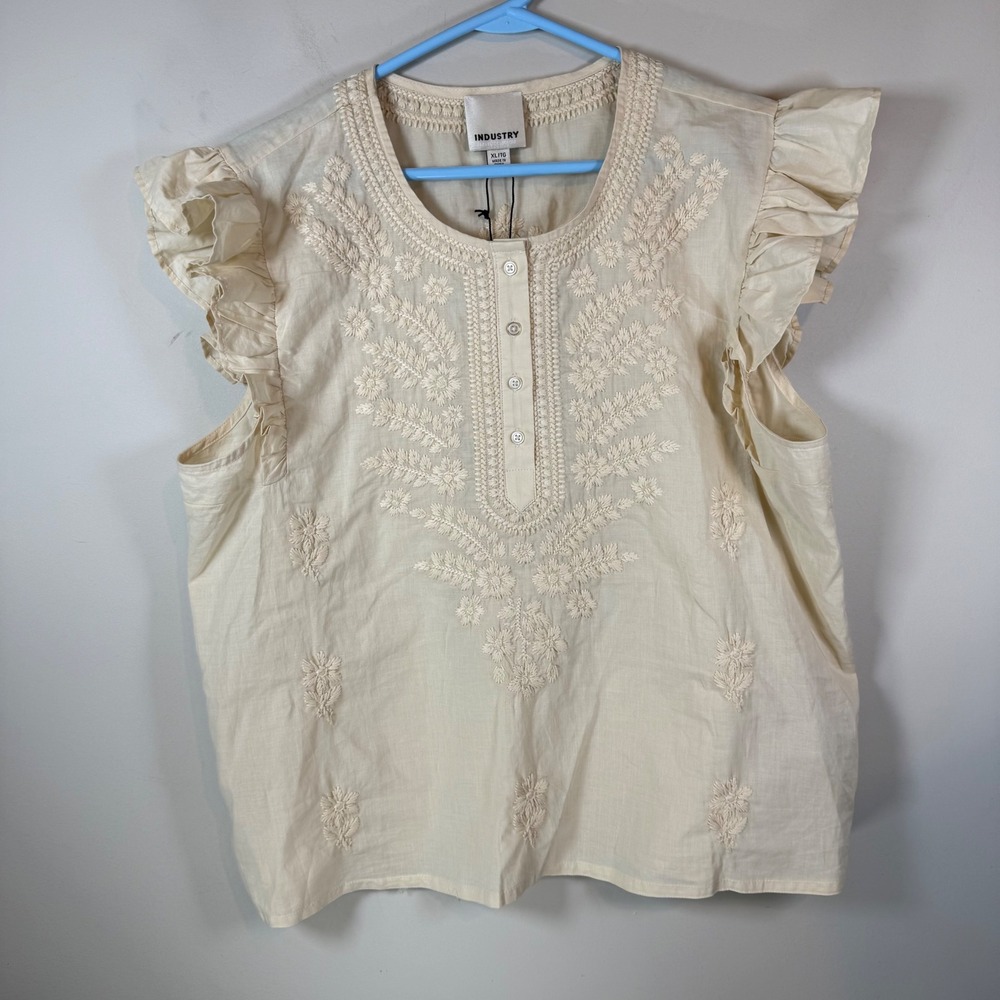 NWT Industry Republic Clothing Blouse Womens XL Creme Brulee Embroidered Ruffle